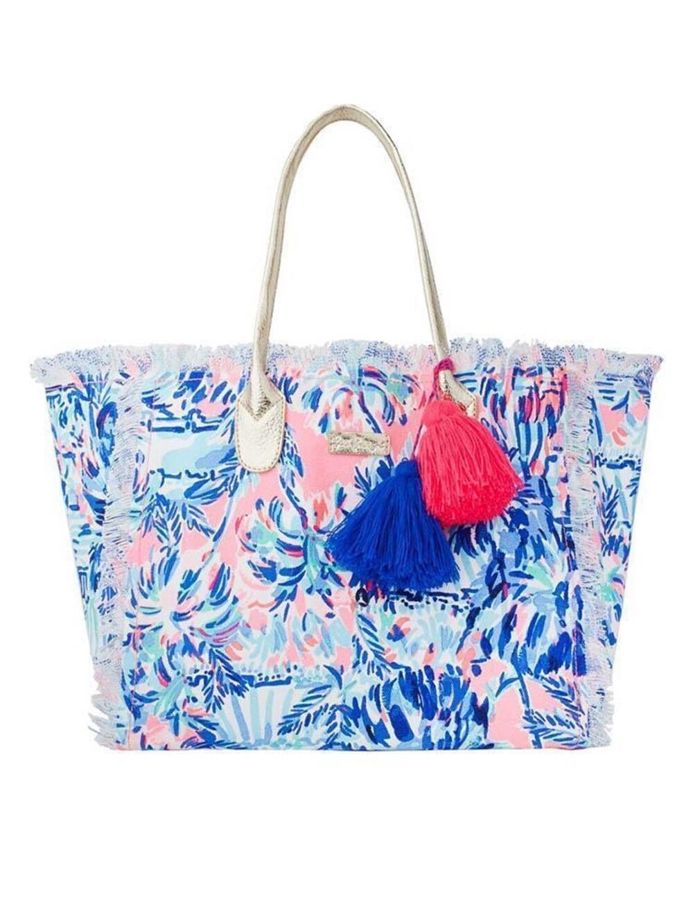 Lilly Pulitzer Blue/Pink Preppy Summer Beach Gypset Frayed Tote Bag Pom Pom
